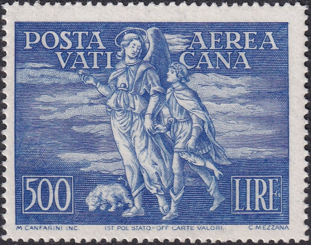 ラファエルとトビア(Raphael and Tobias)キリスト教神話 天使切手 Vatican airmail stamp 1948