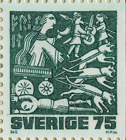 フレイヤ（Freyja）愛と戦いの女神 猫の戦車 北欧神話切手 Norse mythology stamp Sweden 1981
