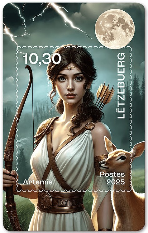 アルテミス（Artemis）狩猟と月の女神 ギリシャ神話切手 Greek mythology stamp Luxembourg 2025
