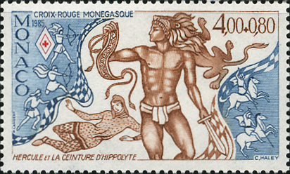 アマゾーン女王ヒッポリュテとヘラクレス ギリシャ神話切手 Amazon Greek mythology stamp Monaco 1985