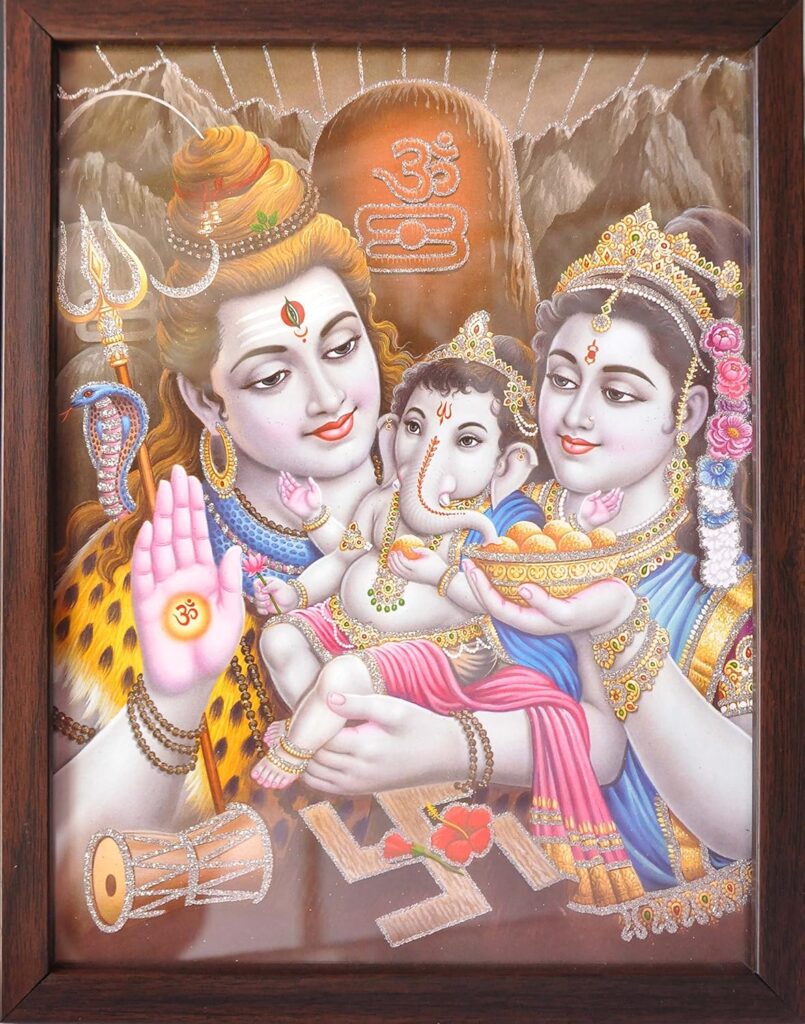シヴァ・パールヴァティー・ガネーシャ(Shiva Parvati Ganesha)親子三神 ヒンドゥー神話宗教画 Hindu mythology devotional painting