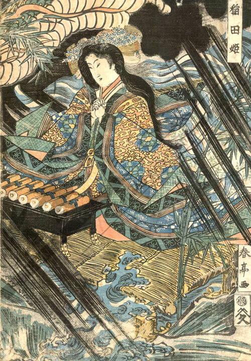 ヤマタノオロチの脅威に包まれた稲田姫(Kushinada-Hime)を描いた浮世絵