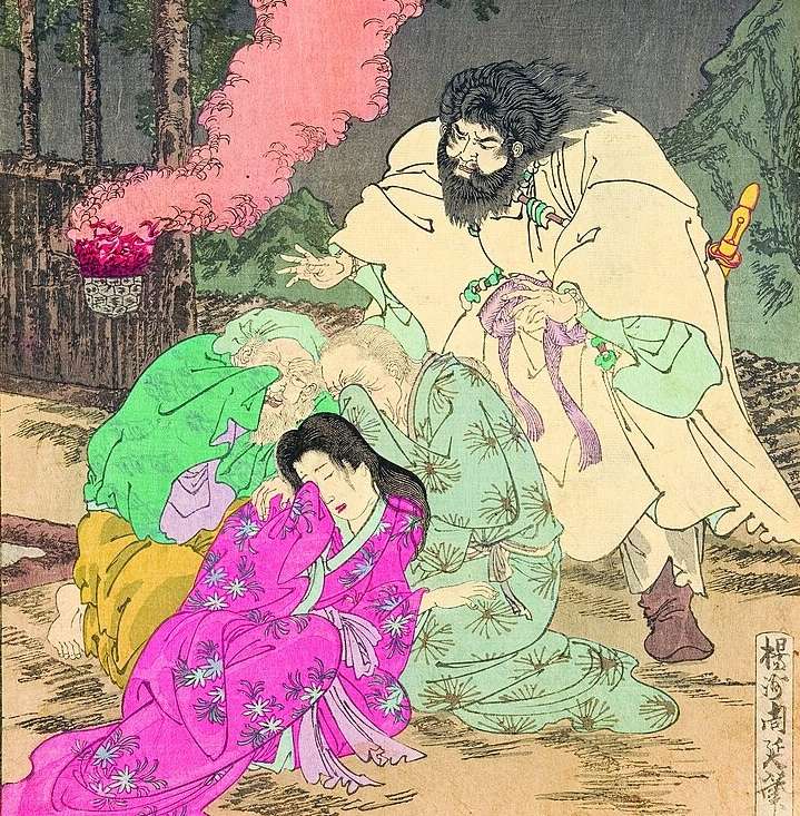 スサノオ(Susanou)と悲嘆に暮れるクシナダヒメ(Kushinada-Hime)、アシナヅチ、テナヅチを描いた浮世絵
