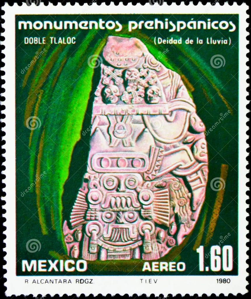 トラロック(Tlaloc)の石像「Doble Tlaloc」を描いたアステカ神話切手|メキシコ(Mexico)1980年