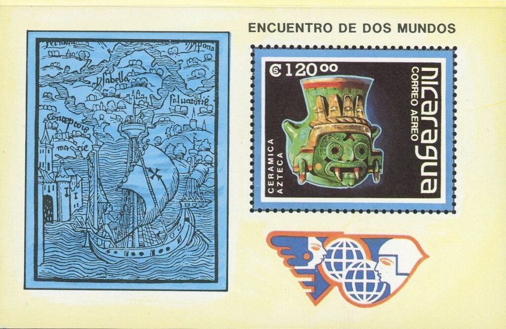 トラロック(Tlaloc)のアステカ陶器を描いた神話切手小型シート|ニカラグア(Nicaragua)1988年