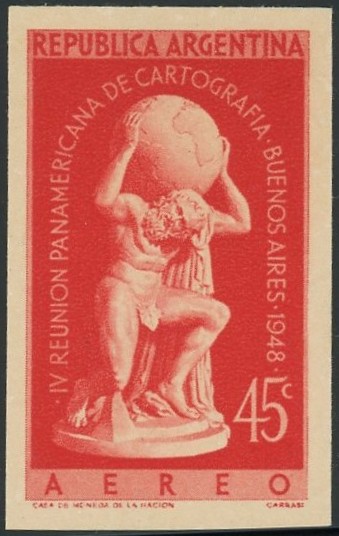 アトラス（Atlas）を描いたアルゼンチン切手の赤色プルーフ｜Argentina stamp proof