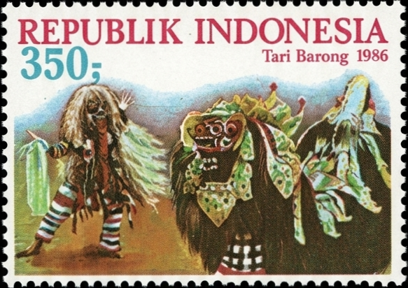 バロン(Barong)とランダ(Rangda)の伝統舞踊を描いたバリ島伝承切手|インドネシア(Indonesia)1986年