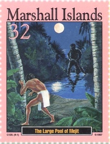 メジット島の池と怪物(The Large Pool of Mejit)を描いたマーシャル諸島民話切手|マーシャル諸島(Marshall Islands)1997年
