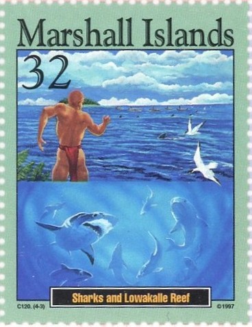 ロワカレ礁とサメ(Sharks and Lowakalle Reef)を描いたマーシャル諸島民話切手|マーシャル諸島(Marshall Islands)1997年
