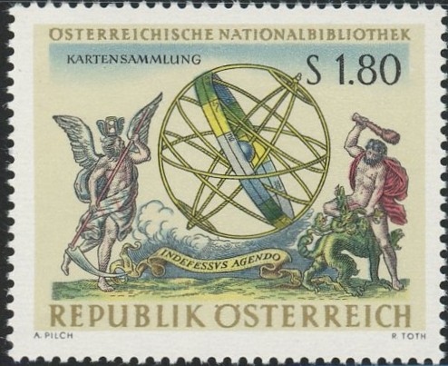 ヒュドラ（Hydra）とヘラクレスを配した古地図装飾を描いた切手｜オーストリア（Austria）1966年