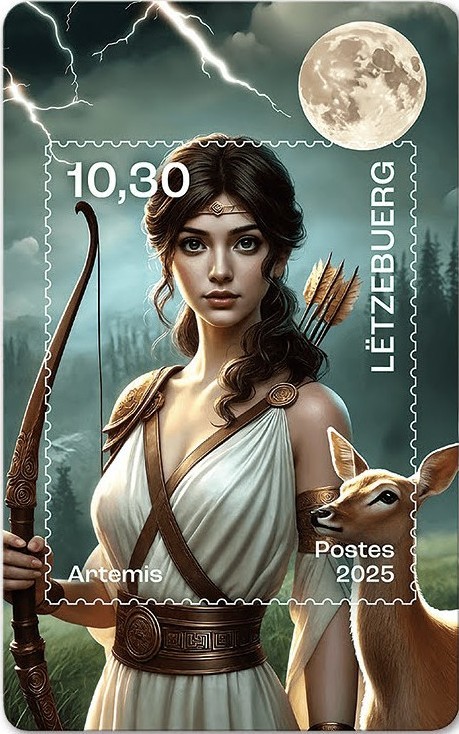 アルテミス(Artemis)を描いたギリシャ神話切手(Greek mythology stamp)ルクセンブルク(Luxembourg)2025年